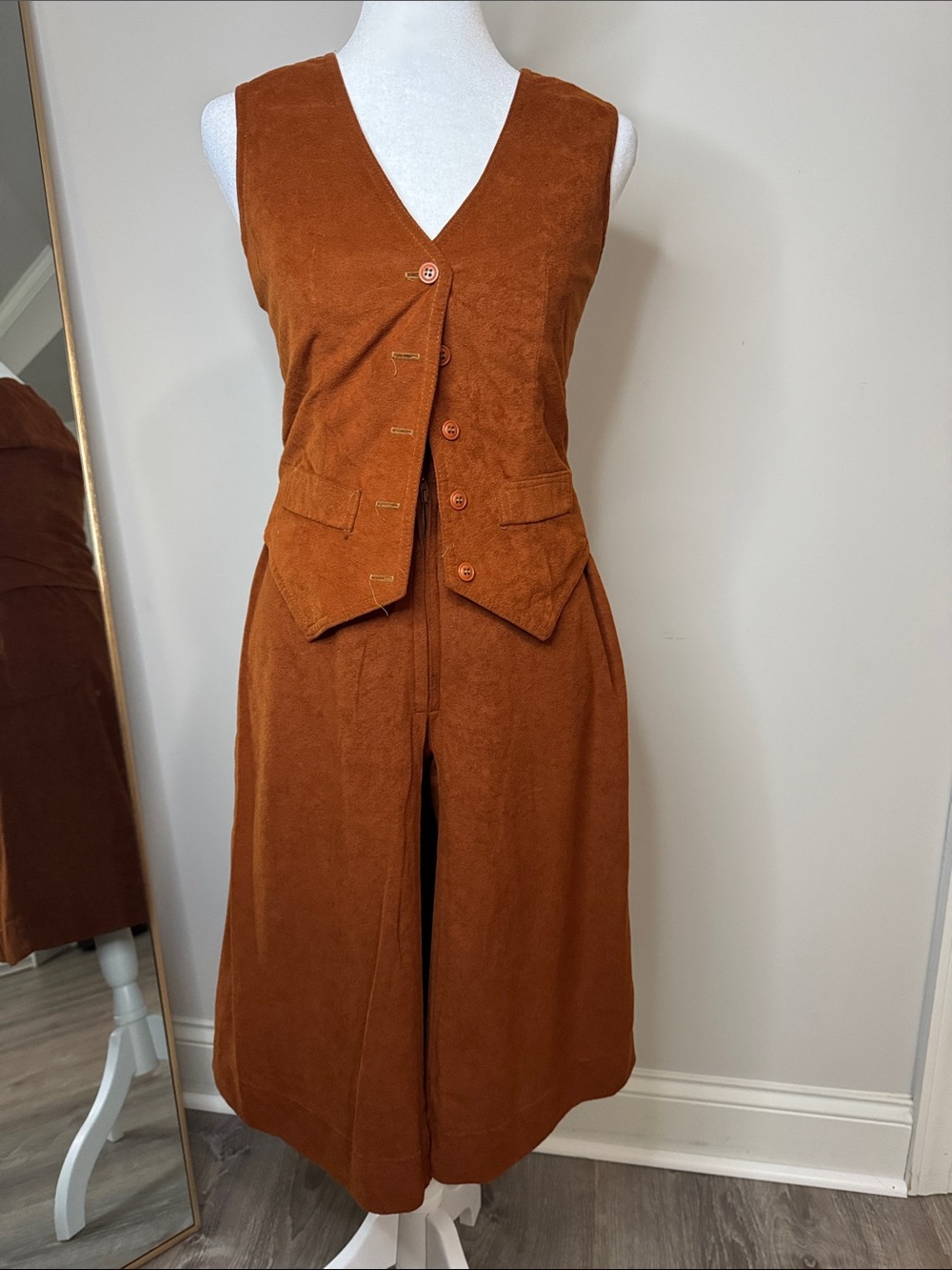 Sleeveless Rust Brown Button-Front Jumpsuit with Vest Detail